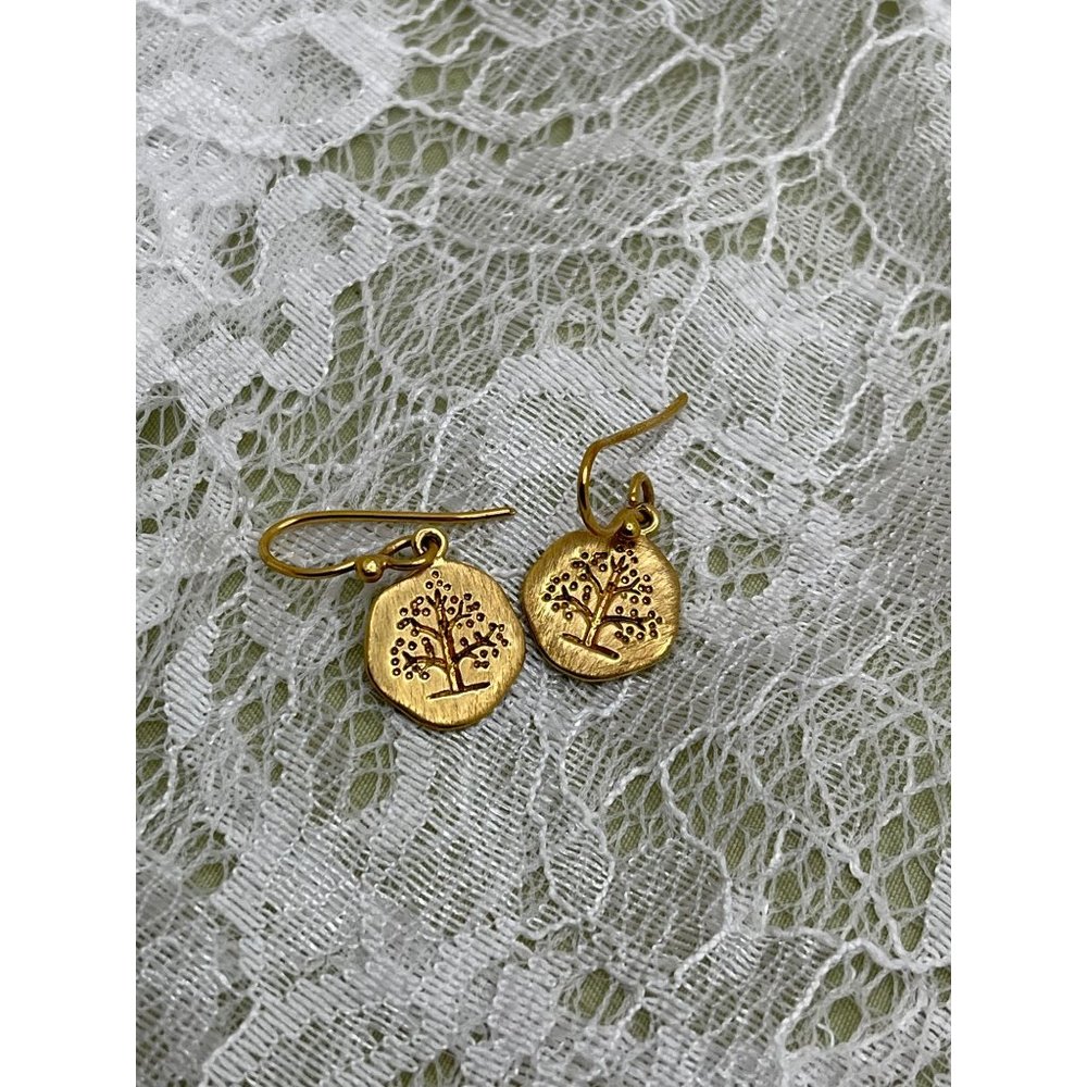 Gold Tone Tree Engraved Round Dangle Earrings - Picture 4 of 12